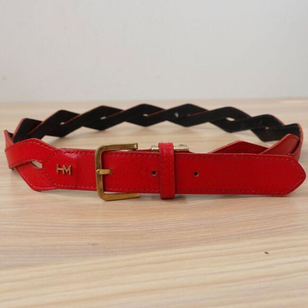 HANAE MORI Belt Womens 26 65 Leather Logo Red XS Twist Parisian Loppy 80s VTG